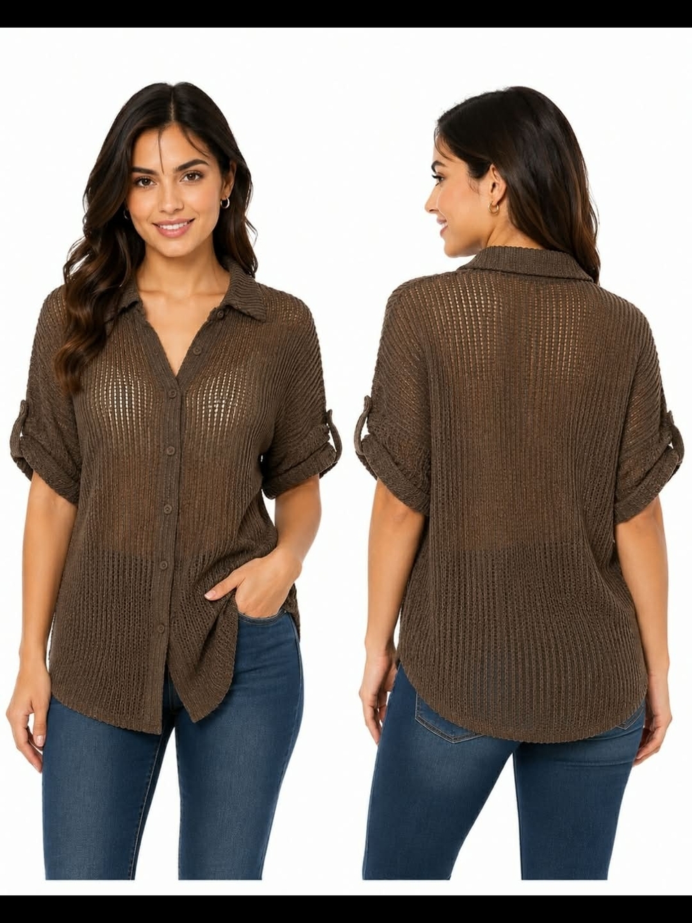 Fashion Nova Brown Open-Weave Knit Button-Up